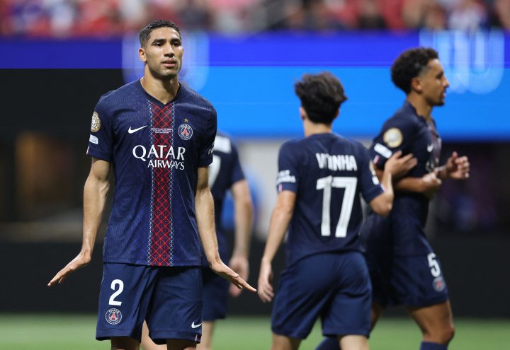 Soccer Football - FIFA Club World Cup - Group B - Seattle Sounders v Paris St Germain - Lumen Field, Seattle, Washington, U.S. - June 23, 2025 Paris St Germain's Achraf Hakimi celebrates scoring their second goal REUTERS/Agustin Marcarian