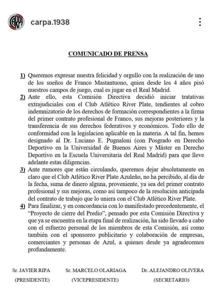 Reclaman dinero por Mastantuono