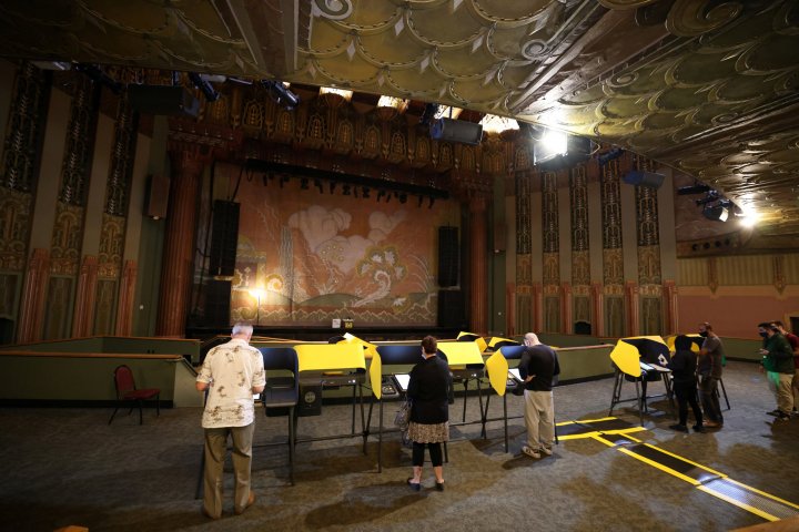 People vote in the U.S. presidential election at the Wiltern Theatre during the global outbreak of the coronavirus (COVID-19) disease, in Los Angeles, California (REUTERS/Lucy Nicholson)