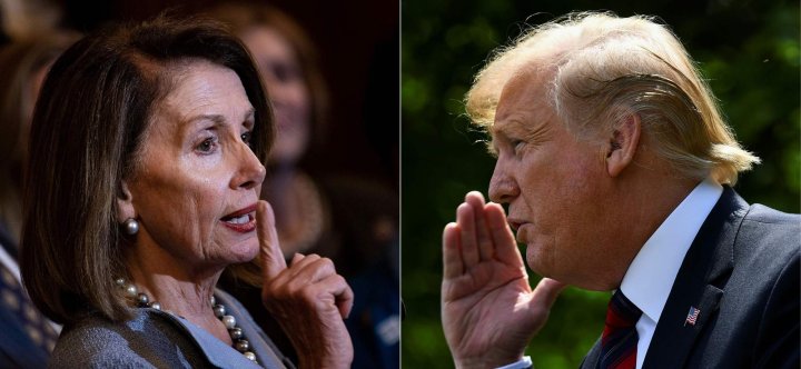 In this file combination of pictures created on May 22, 2019 shows US Speaker of the House Nancy Pelosi (D-CA)(L) talks about healthcare legislation on Capitol Hill March 26, 2019, in Washington, DC and US President Donald Trump announces a new immigration proposal, in the Rose Garden of the White House in Washington, DC, on May 16, 2019. - US House Speaker Nancy Pelosi said January 10, 2021, she was ready to start second impeachment proceedings against President Donald Trump unless he was removed from office within days. (Photos by Brendan Smialowski / AFP)