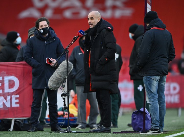 Manchester City manager Pep Guardiola being interviewed before the match