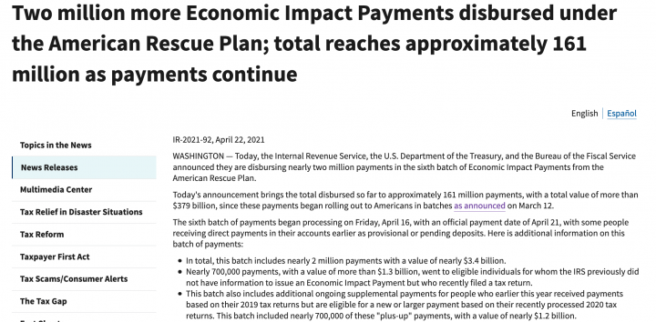 Stimulus check 'plus-up' payments statement IRS