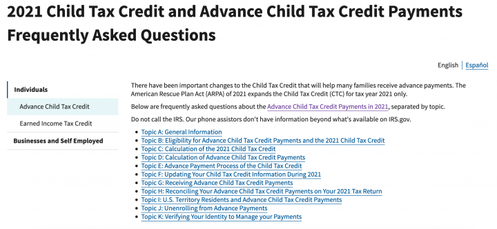 Child Tax Credit FAQs page IRS website