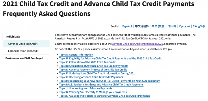 Child Tax Credit FAQs page IRS