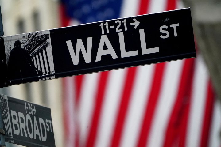 A Wall Street sign outside the New York Stock Exchange in New York City
