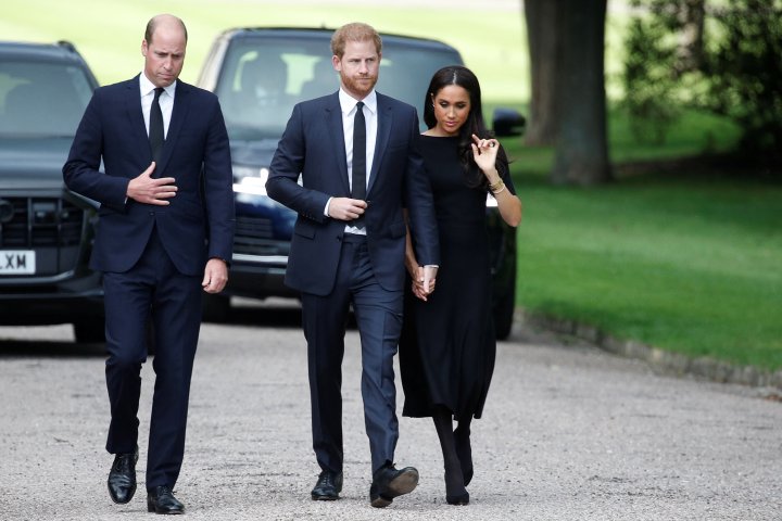 Britain's William, Prince of Wales, Prince Harry and Meghan, the Duchess of Sussex