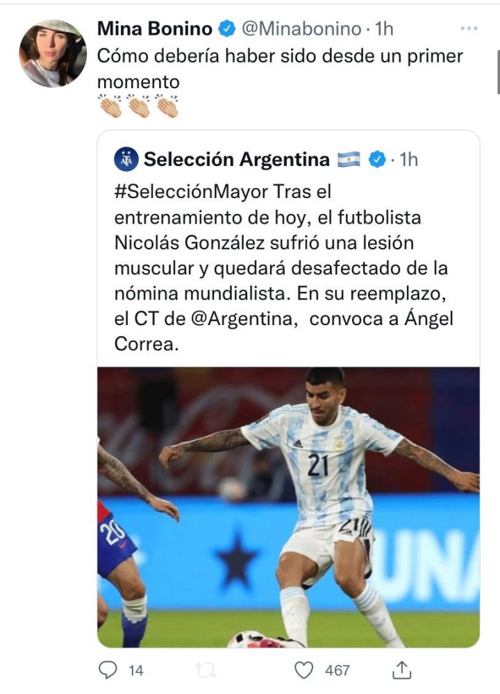 Mina Bonino reacciona a la llamada de Scaloni a Ángel Correa
