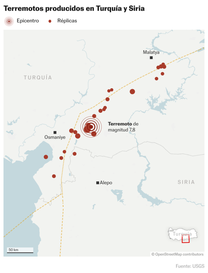 Mapa con el epicentro del primer seismo y las réplicas 