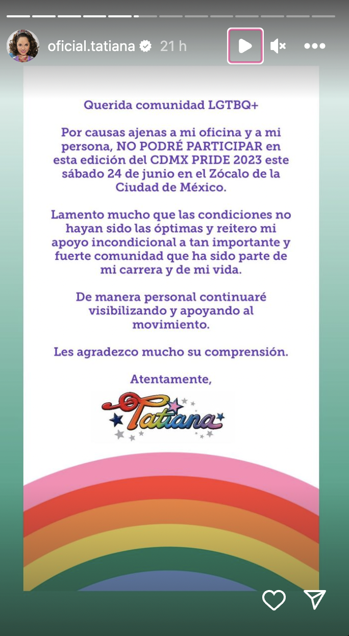 Tatiana cancela participación en el Pride 2023