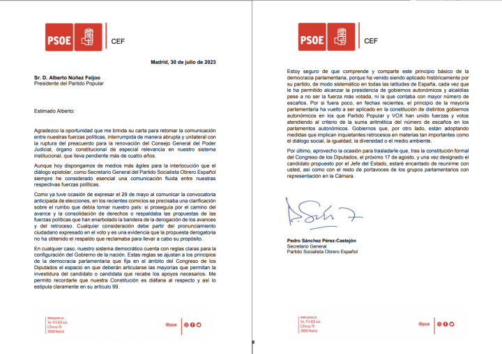 Carta de Sánchez a Feijóo, 30 de julio de 2023