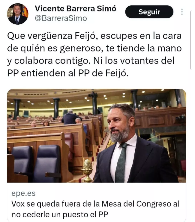 El vicepresidente valenciano de Vox borra un mensaje en el que acusaba a Feijóo de “escupir en la cara” a Vox