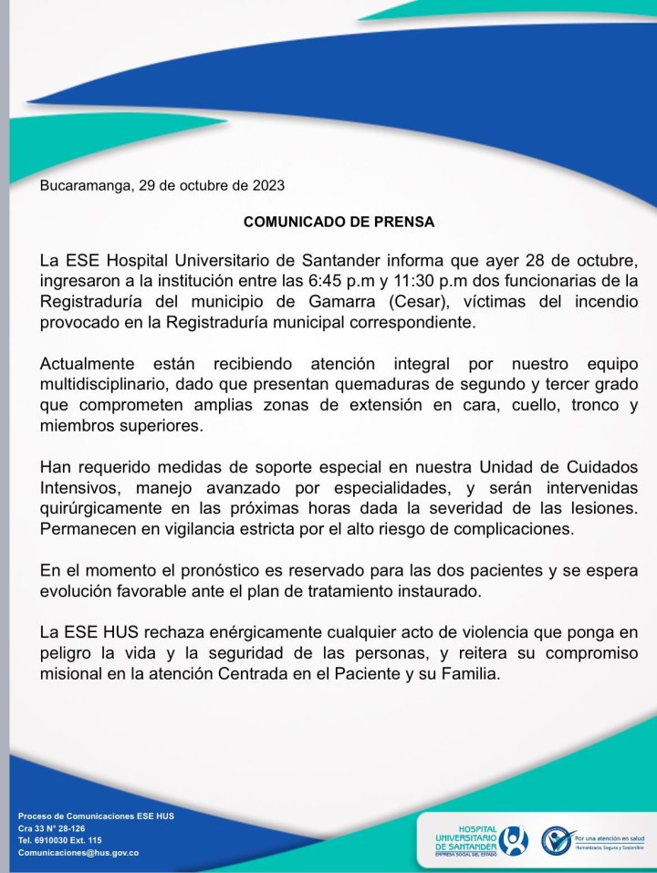 Segundo comunicado sobre el estado de salud de las funcionarias de la Registraduría, atacadas en Gamarra, Cesar