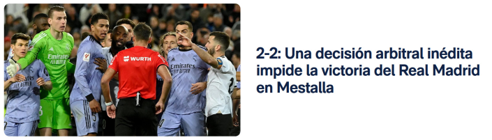 Título de la crónica de la web del Real Madrid ante el Valencia: Una decisión arbitral inédita impide la victoria del Real Madrid en Mestalla