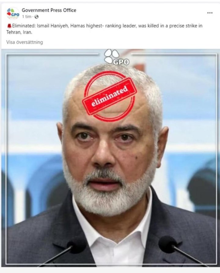 El Gobierno de Israel reconoce que publicó por “error” una foto de Haniya donde se lee “eliminado”