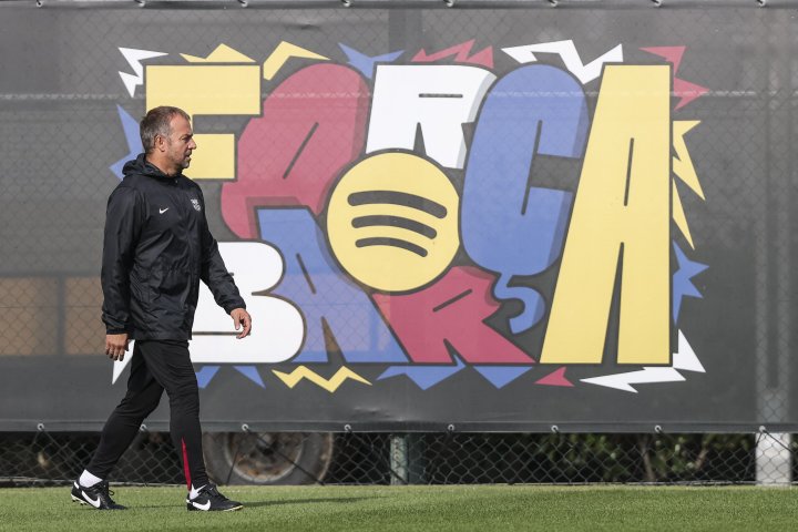 Barcelona coach Flick at training