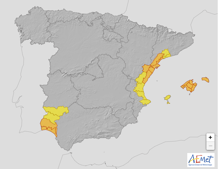 Mapa de la Aemet indicando las comunidades con avisos meteorológicos este viernes 1 de noviembre 