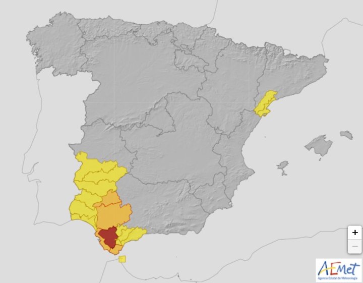 El mapa de los avisos meteorológicos de Aemet