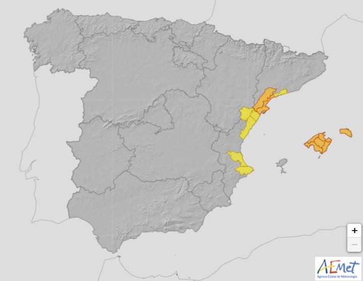 Baleares y Cataluña siguen este sábado bajo aviso naranja, Comunidad Valenciana en amarillo