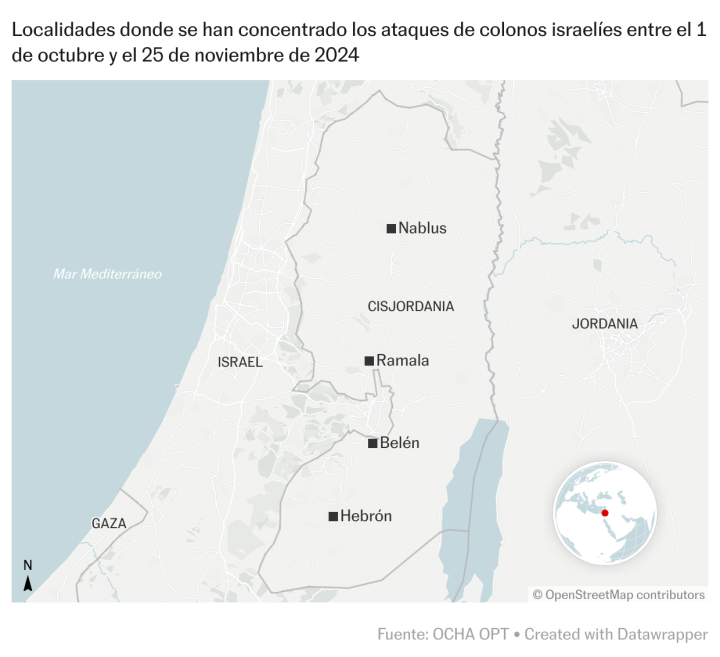 Mapa de ataques de colonos israelíes en Cisjordania entre el 1 de octubre y 25 de noviembre de 2024