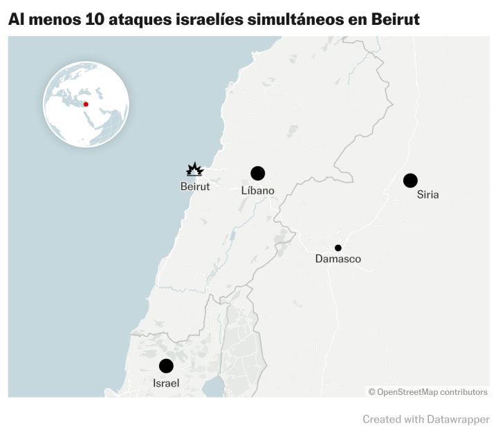 Mapa de 10 ataques simultáneos israelíes sobre Beirut