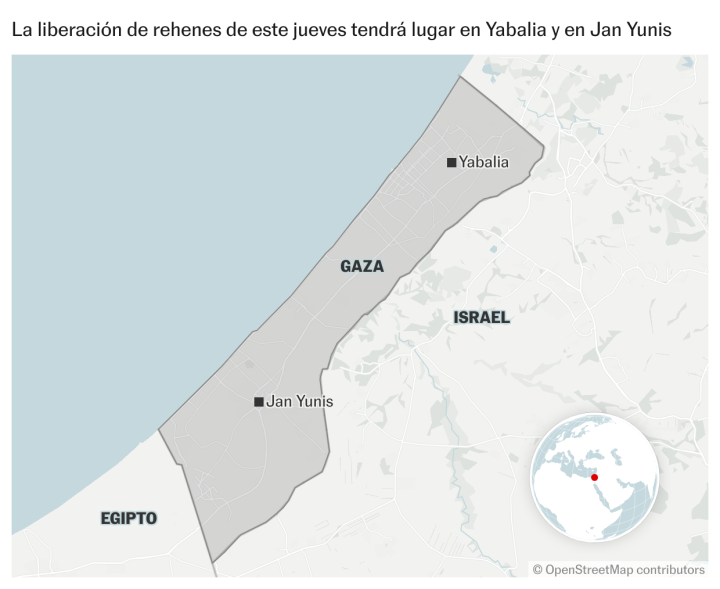 Mapa de las localidades donde se realizará la liberación de los rehenes el jueves 30 de enero de 2025. 