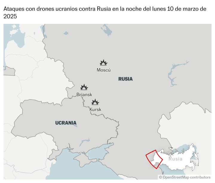 Ataques con drones ucranios contra Rusia en la noche del lunes 10 de marzo de 2025