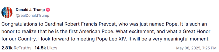 Felicitación de Trump a León XIV