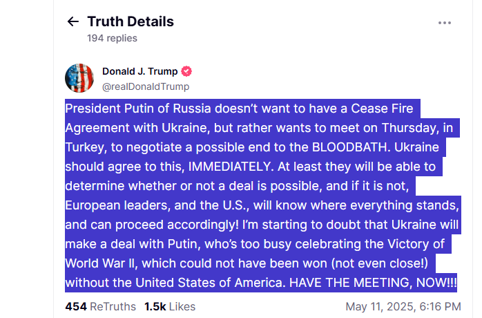 Captura del mensaje de Trump en Truth Social.