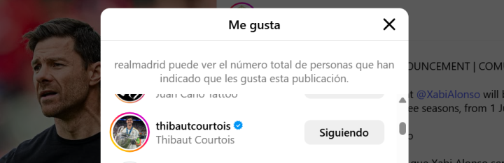 'Me gusta' de Courtois a Xabi Alonso