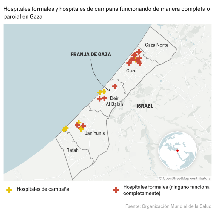 Hospitales formales y de campaña funcionando de manera completa o parcial en Gaza
