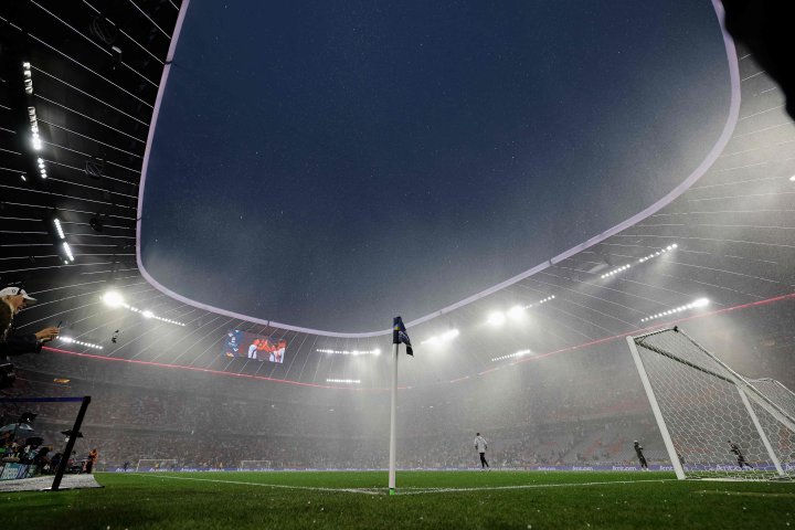 Germany's goalkeeper #01 Marc-Andre Ter Stegen warms up during a hail shower prior to the UEFA Nations League semi-final football match between Germany and Portugal in Munich, southern Germany on June 4, 2025. (Photo by Alexandra BEIER / AFP)