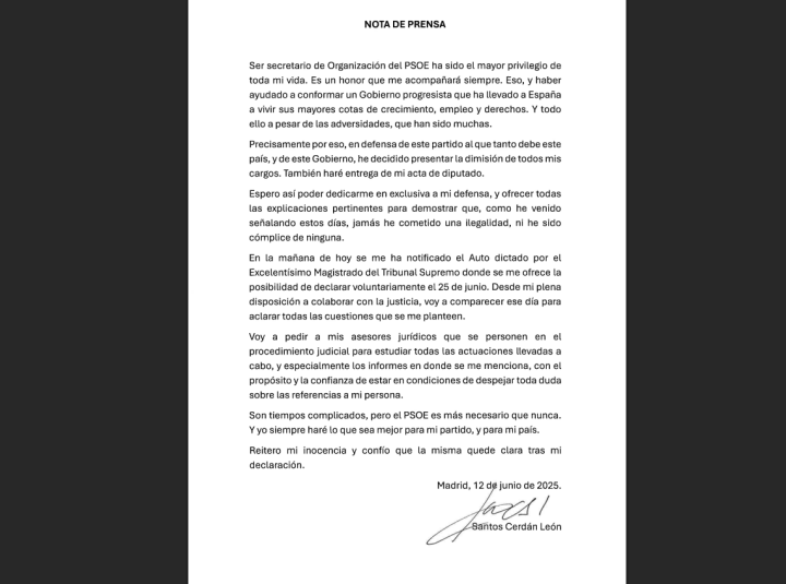 Texto íntegro del comunicado de dimisión de Santos Cerdán