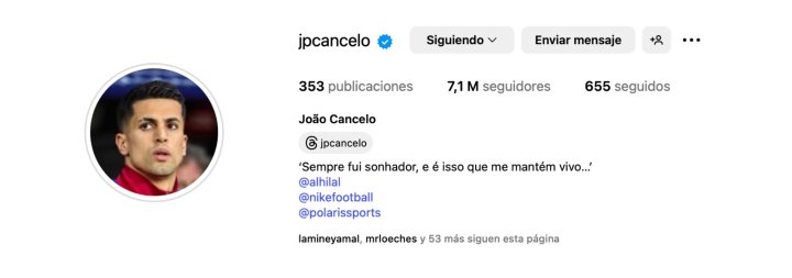 Biograf¨ªa de Instagram de Joao Cancelo.