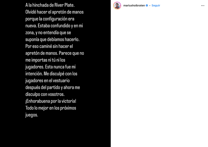 Marius H?ibr?ten pide perd¨®n a River