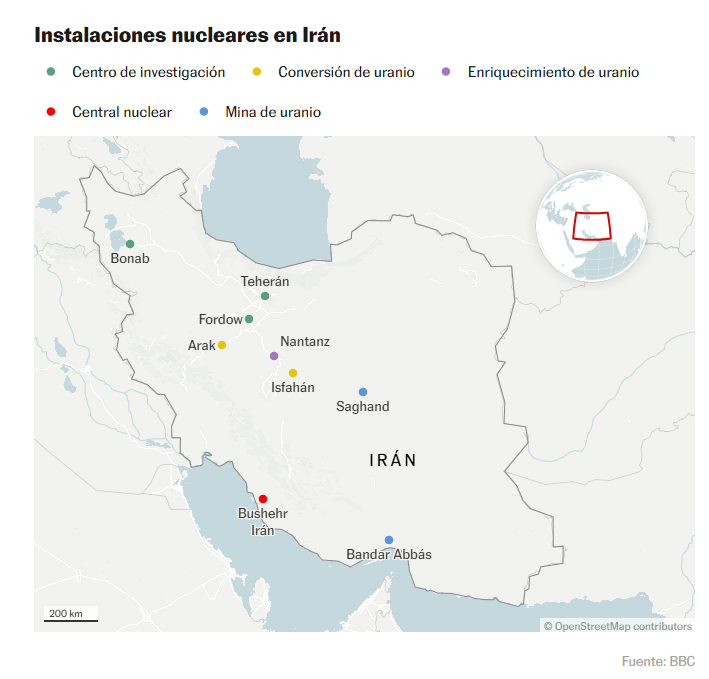 Mapa de instalaciones nucleares de Irán