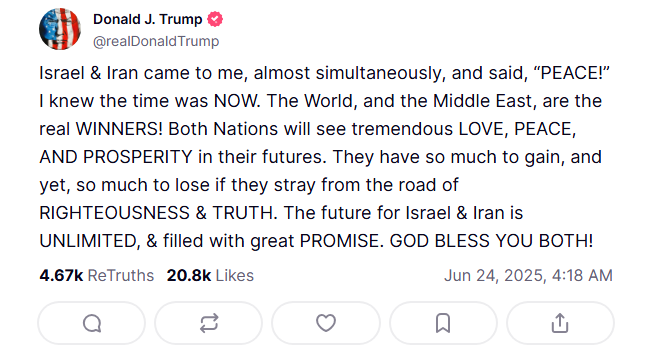 Trump prevê "amor, paz e prosperidade" para Israel e Irã após a trégua.