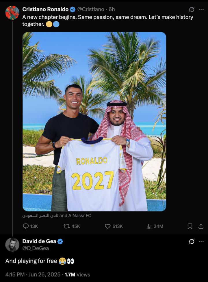 De Gea pica a Cristiano: "Y jugando gratis..."