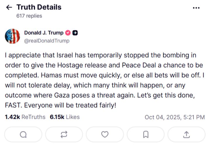 Captura del mensaje de Trump en Truth Social.