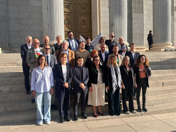 Los diputados y ministros de Sumar frente al Congreso, este miércoles.