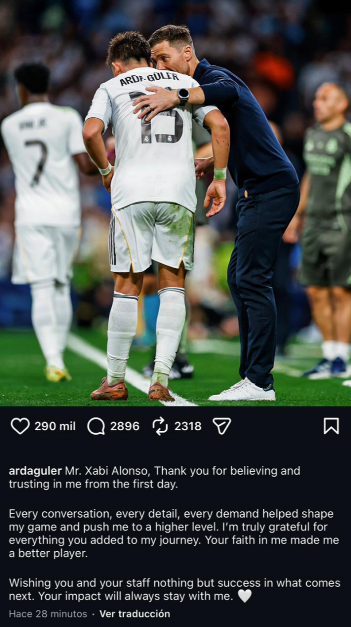 Arda Güler se despide de Xabi Alonso en redes sociales