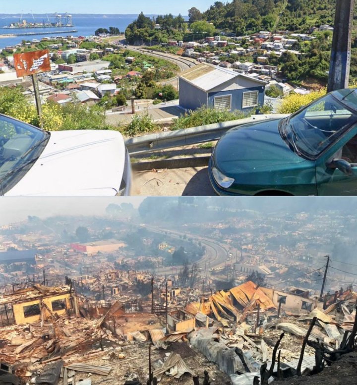 El antes y después de Penco: incendios forestales dejan viviendas en ruinas