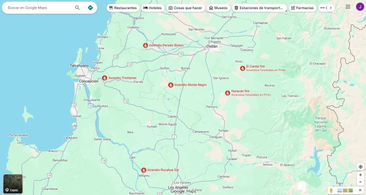 En "tiempo real": Google publica mapa de los incendios forestales en Chile