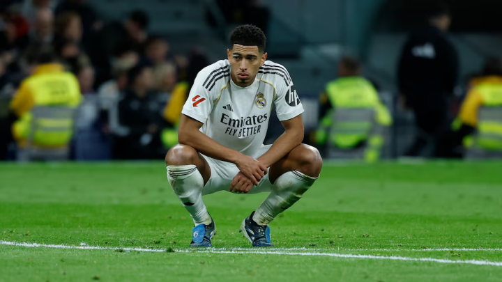 MADRID, SPAIN - 2026/02/14: (From L to R) Federico Valverde of Real Madrid CF, Gonzalo Garcia of Real Madrid CF, Vinicius Junior of Real Madrid CF, Dean Huijsen of Real Madrid CF, Aurelien Tchouameni of Real Madrid CF and Alvaro Carreras of Real Madrid CF celebrate a goal during the LaLiga EA Sports 2025/2026 week 24 football match between Real Madrid CF and Real Sociedad at Santiago Bernabeu Stadium. Final score: Real Madrid CF 4:1 Real Sociedad. (Photo by Federico Titone/SOPA Images/LightRocket via Getty Images)