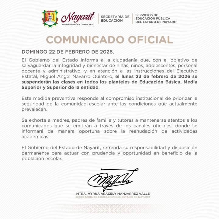 Quedan suspendidas las clases en todos los municipios del estado de Nayarit. 