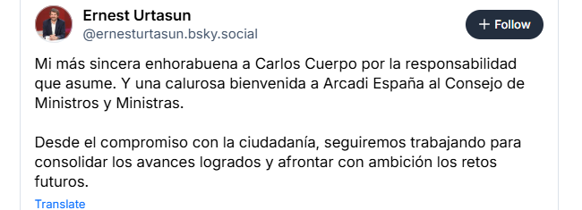 Urtasun felicita a Cuerpo y da la bienvenida a Arcadi España