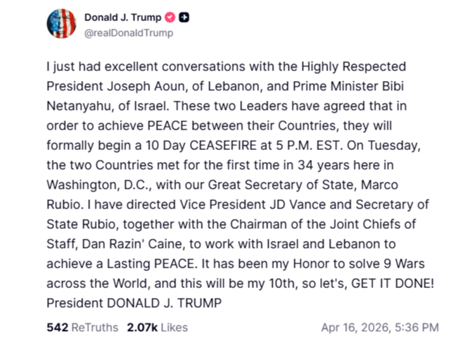Donald Trump anuncia un alto el fuego de 10 días entre Líbano e Israel