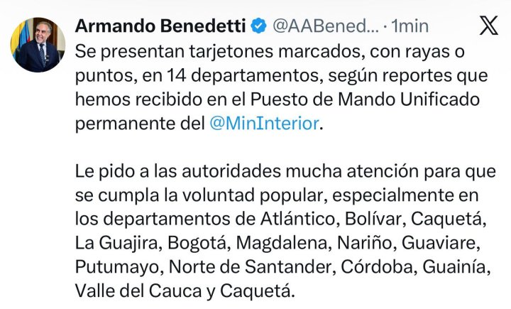 1:33 P.M. | Gobierno ha recibido reportes de presuntas irregularidades relacionadas con tarjetones marcados con rayas o puntos en 14 departamentos