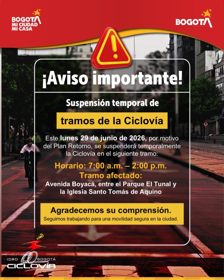 6:00 A.M. | Suspensión temporal de un tramo de la ciclovía en Bogotá
