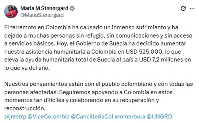 2:34 P.M. | Suecia anunció que se eleva a 7,2 millones de dólares la ayuda humanitaria