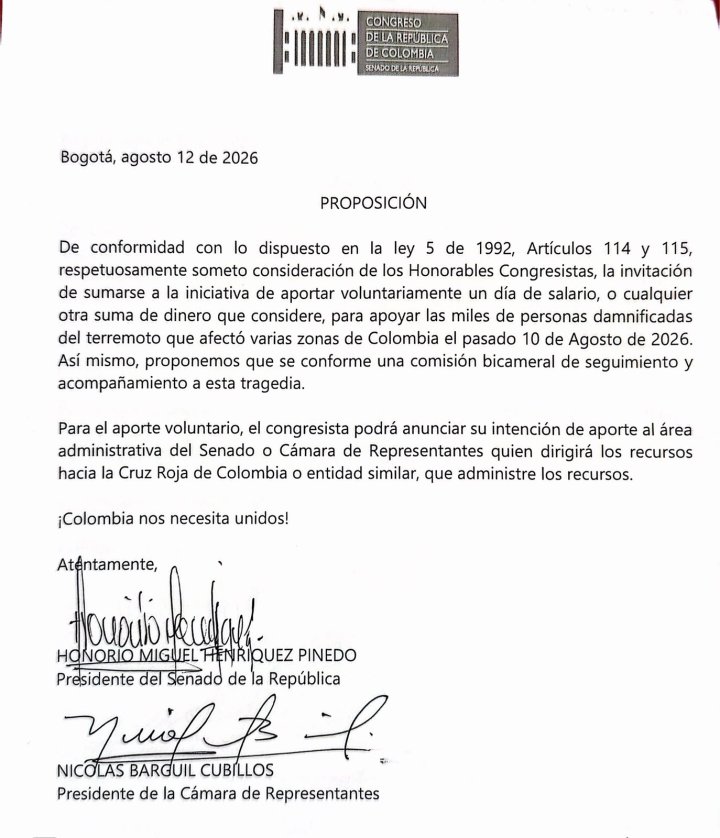 5:09 P.M. | Congreso propuso donación voluntaria de un día de salario o el aporte que consideren para apoyar a las familias afectadas por el terremoto